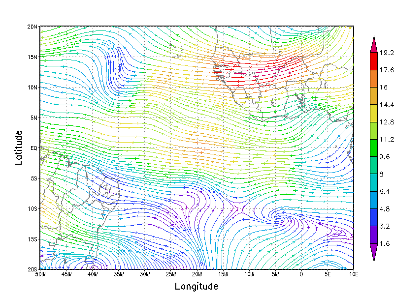 A Figura 25 apresenta as linhas de corrente e magnitude do vento para os dias 16.