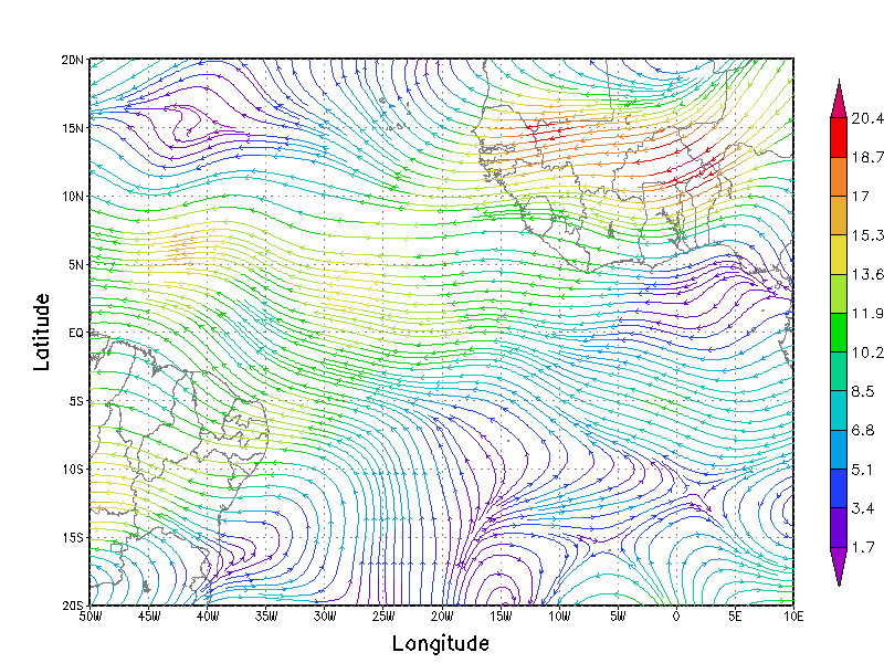 Analisando a Figura 26a percebeu-se que as linhas que chegam a João Pessoa e Natal apresentam uma magnitude que varia entre 13 e 14,3 m/s, mas na maioria da costa estes valores superam 10 m/s.