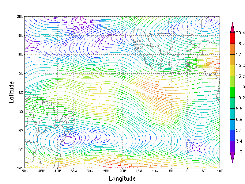 Nas Figuras 36 e 37 são apresentadas as linhas de corrente e magnitude do vento para o dia 16 e 17 nos níveis de 850 hpa, 700 hpa e 500 hpa respectivamente.
