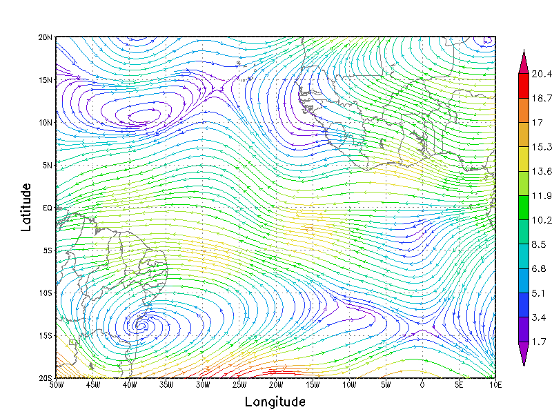 Analisando agora o dia 17 (Figura 37) tem-se que no nível de 850 hpa (Figura 37a) percebe-se que as linhas de corrente é de leste e não ultrapassa o valor de magnitude de 7,7 m/s e em grande parte da