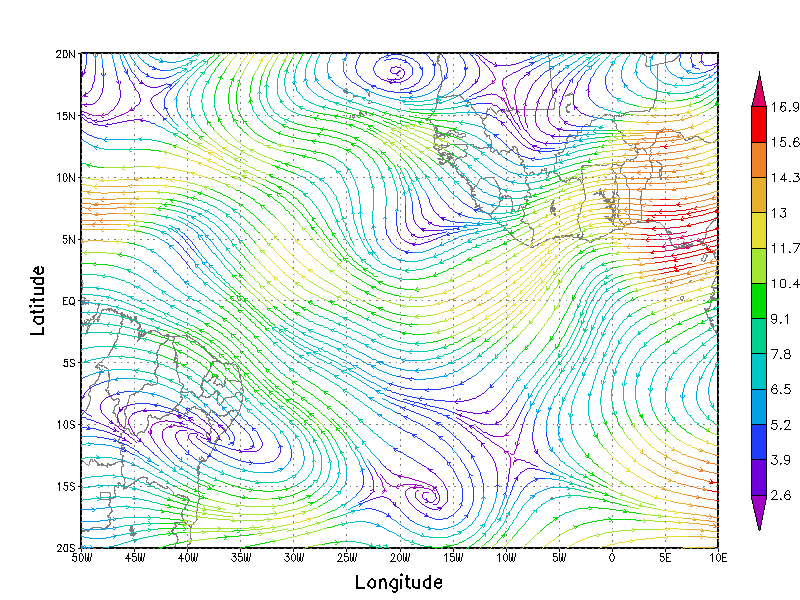 Analisando o dia 27 (Figura 39) observou-se que no nível de 850 hpa (Figura 39a) as linhas de corrente que chegam a longitude de 35º W apresenta-se como uma onda com uma inclinação de SE/NO e que sua