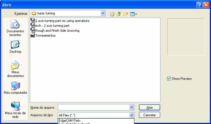 File Open (Abrir arquivo) Ou através do botão: O EdgeCAM reconhece uma série de arquivos gerados em programas do tipo CAD.