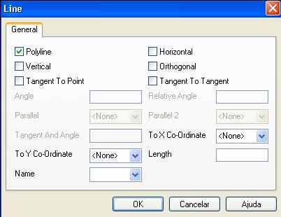 2.5. Desenhando no plano ZX Um dos comandos mais comuns para desenho é o comando line (linha), que pode ser acessado pelo menu : Geometry Line (Linha) Selecione o caixa Polyline (Linha múltipla).