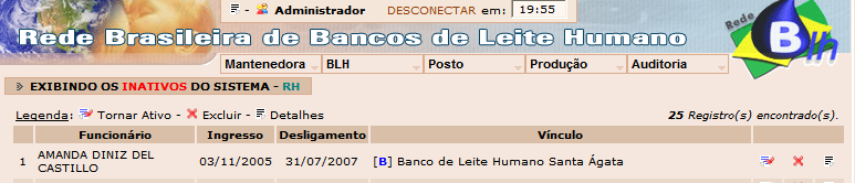 Auditoria Acesso aos dados Inativos do BLH Esse módulo mostra os funcionários que foram excluídos.