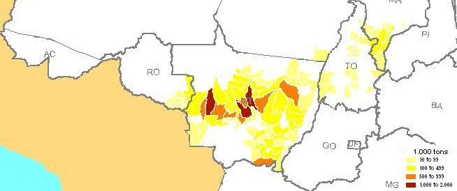 2008, mil tons Produção de soja em grãos por município Pólos de Produção Atuais na Amazônia Legal Soja em Grãos Principais municípios produtores Sorriso, MT 1.794 Nova Mutum, MT 1.082 Sapezal, MT 1.