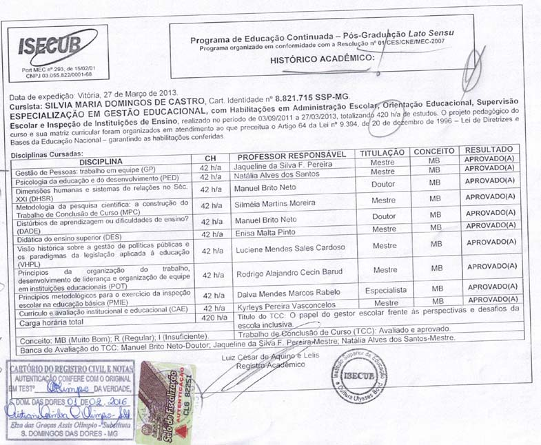 Conforme pode ser observado, foi apresentado pela candidata Histórico Escolar, o mesmo não é