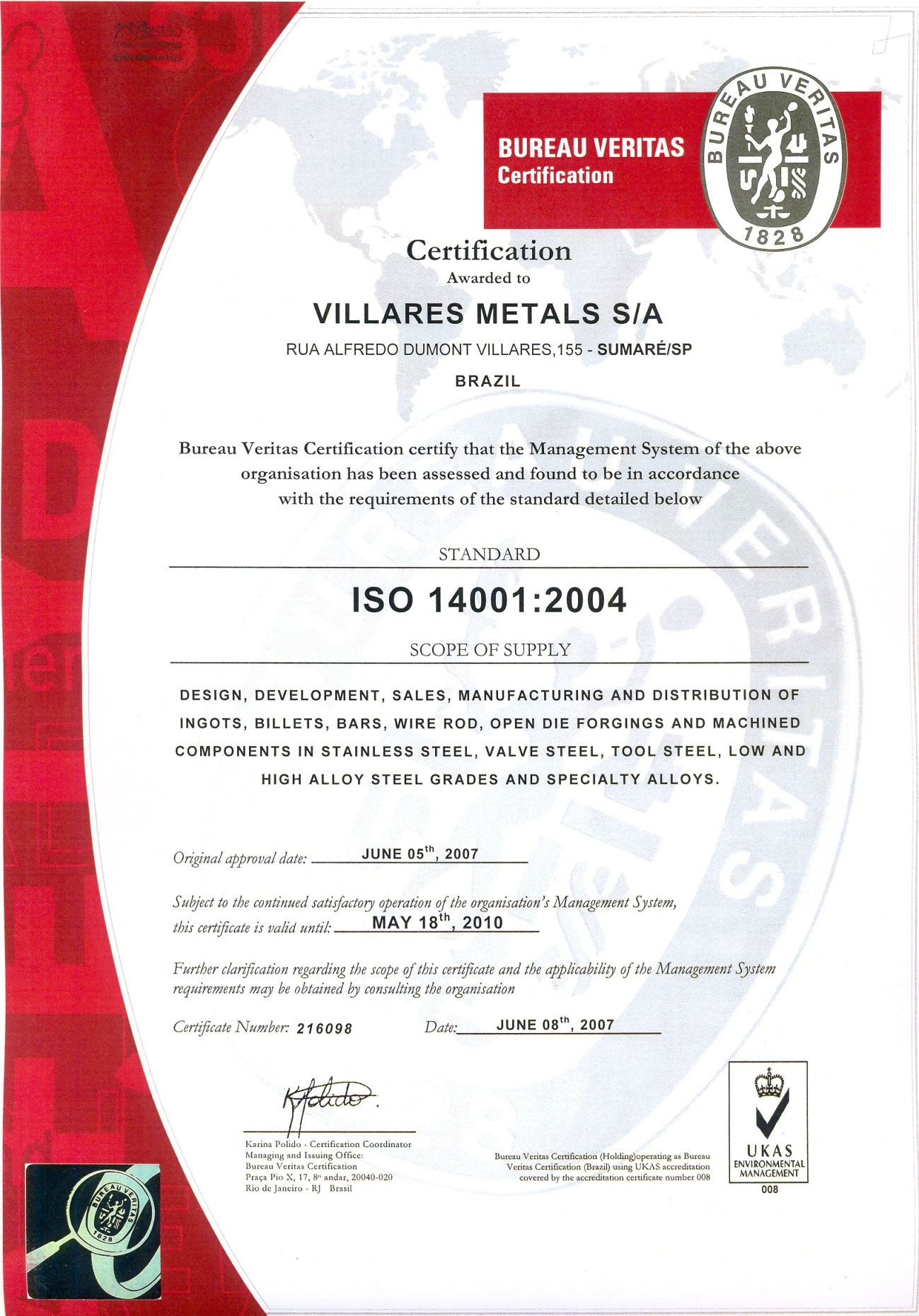 Figura 6 - Exemplo de documento emitido pelo Bureau Veritas atestando a conformidade com a norma ISO 14001 para uma empresa.