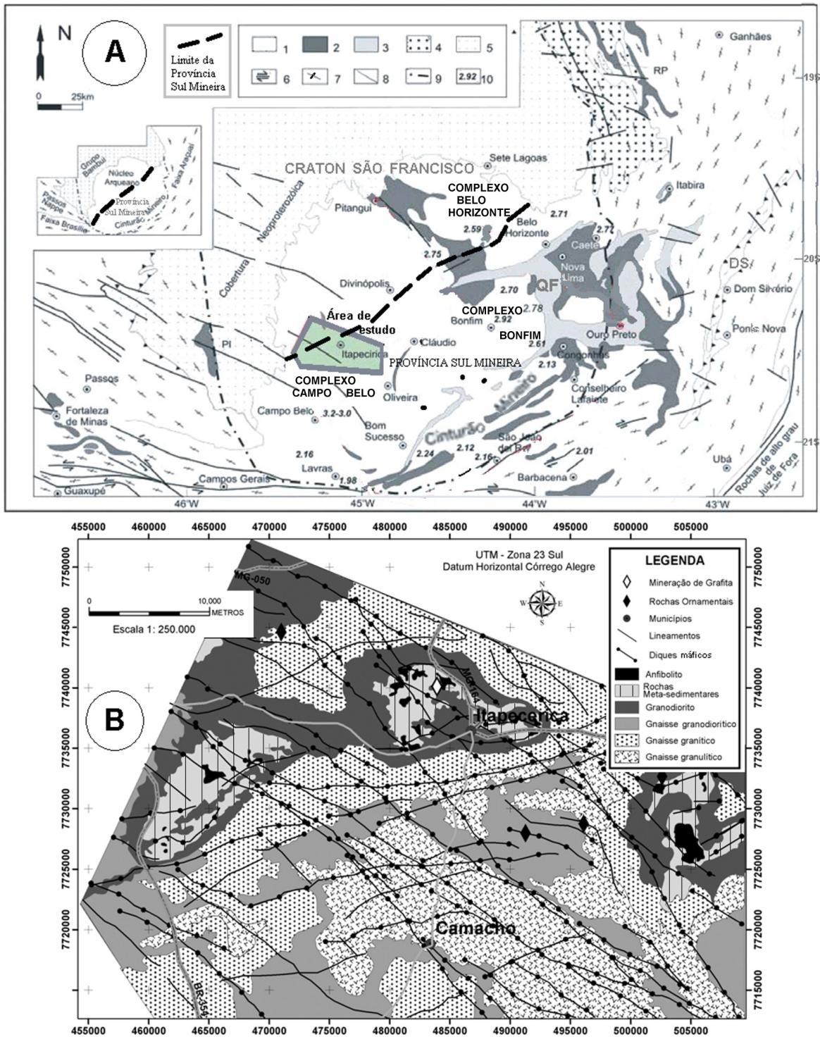 Figura 1. A - Mapa geológico esquemático da porção meridional do Craton São Francisco.
