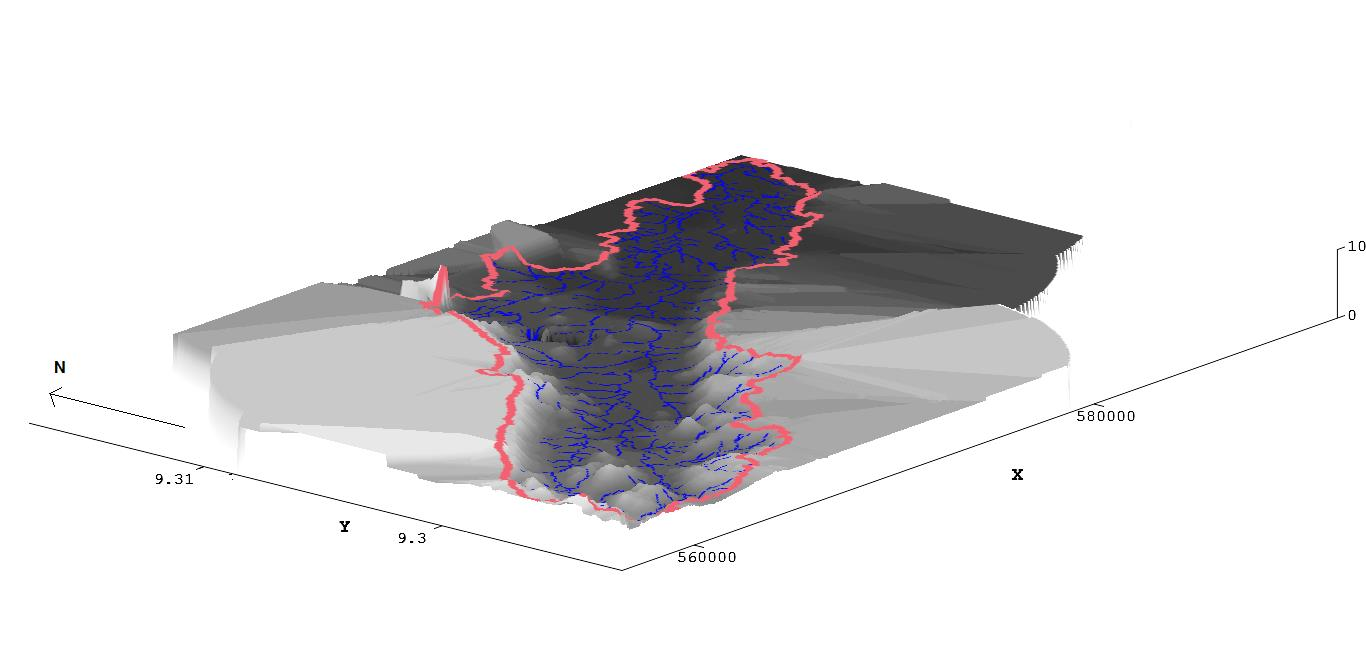 Figura 07: Modelo Digital de Elevação MDE da Sub-bacia Santana produzido a partir de dados altimétricos com exagero vertical de