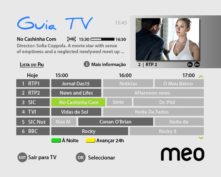 Idioma e Legendas 4.2 Guia TV Prima a tecla MENU para aceder ao MenuTV. Da Lista de Canais activa, seleccione o canal desejado usando as teclas de setas ou. Prima a tecla. O Programa Actual é seleccionado.