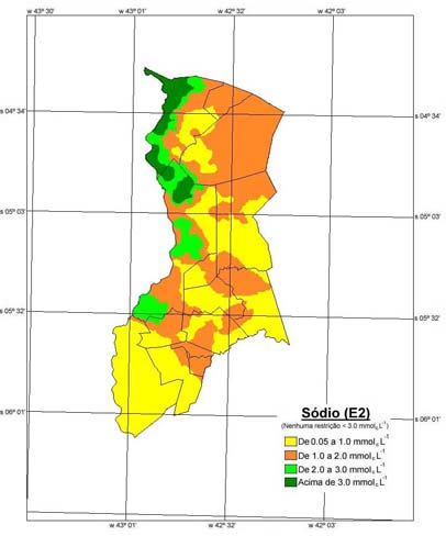 Leal et al 283 Em ambas as épocas foram obtidas moderadas restrições relacionadas aos íons Na + e Cl, ao norte da microrregião, principalmente nos municípios de União e Teresina, confirmando os