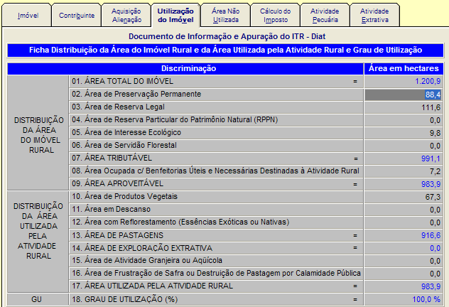 Preservação Permanente, Interesse Ecológico e ocupada por benfeitorias reprodutivas. Temos então, a área utilizável do imóvel.