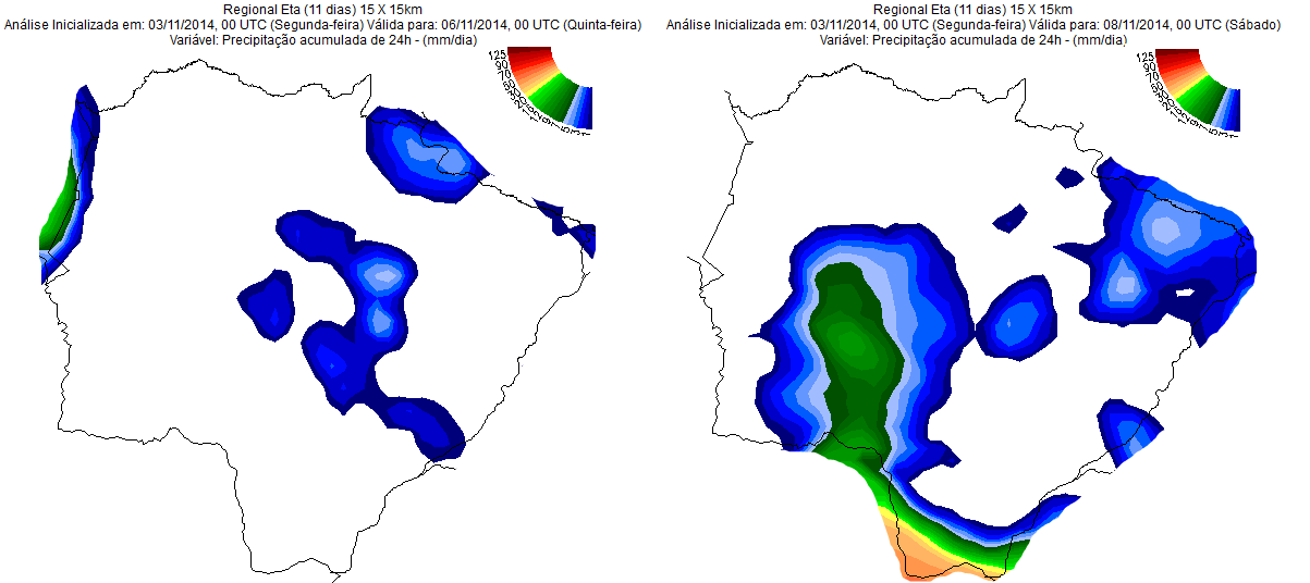 De acordo com o modelo Regional ETA (11 dias) 15 X 15 km (mapa 3), a previsão numérica do tempo indica que haverá nebulosidade variável e possibilidade de pancadas de chuvas, de baixo volume, na