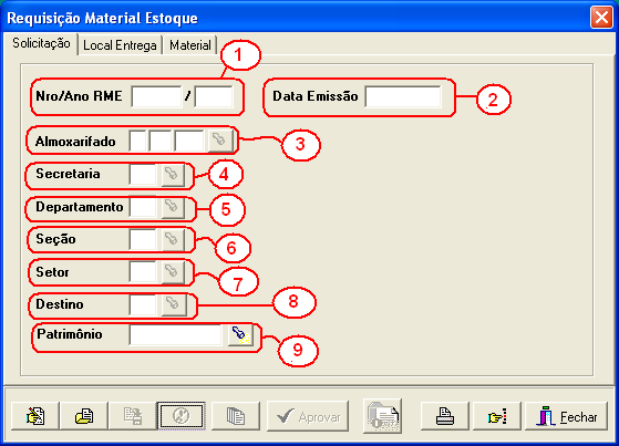 Figura 2 - Formulário de Requisição de Material em Estoque Para inserir uma RME o usuário deverá clicar no botão de inserção, lembrando que o mesmo deverá estar posicionado na Aba Solicitação, e