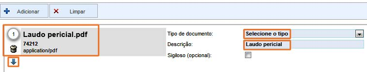 Após o procedimento acima, os arquivos serão listados no PJe-JT, logo abaixo do ícone Adicionar. Selecione o Tipo de documento.