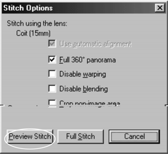 3. Pré-visualize a União Clique no ícone Unir Panorama (Stitch Panorama). Aparecerá a caixa de diálogo Opções de União (Stitch Options). Clique no botão Pré-visualizar União (Preview Stitch). 4.