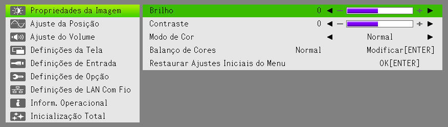 Uso do menu de configuração Pressionar a tecla [MENU] exibe o menu de configuração mostrado abaixo na tela de projeção.