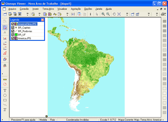 Figura 12 - Imagem AmericaClima.JPG Por não estar georreferenciada, a imagem AmericaClima.JPG não está sobre os outros temas, encobrindo-os, mas ao lado deles.