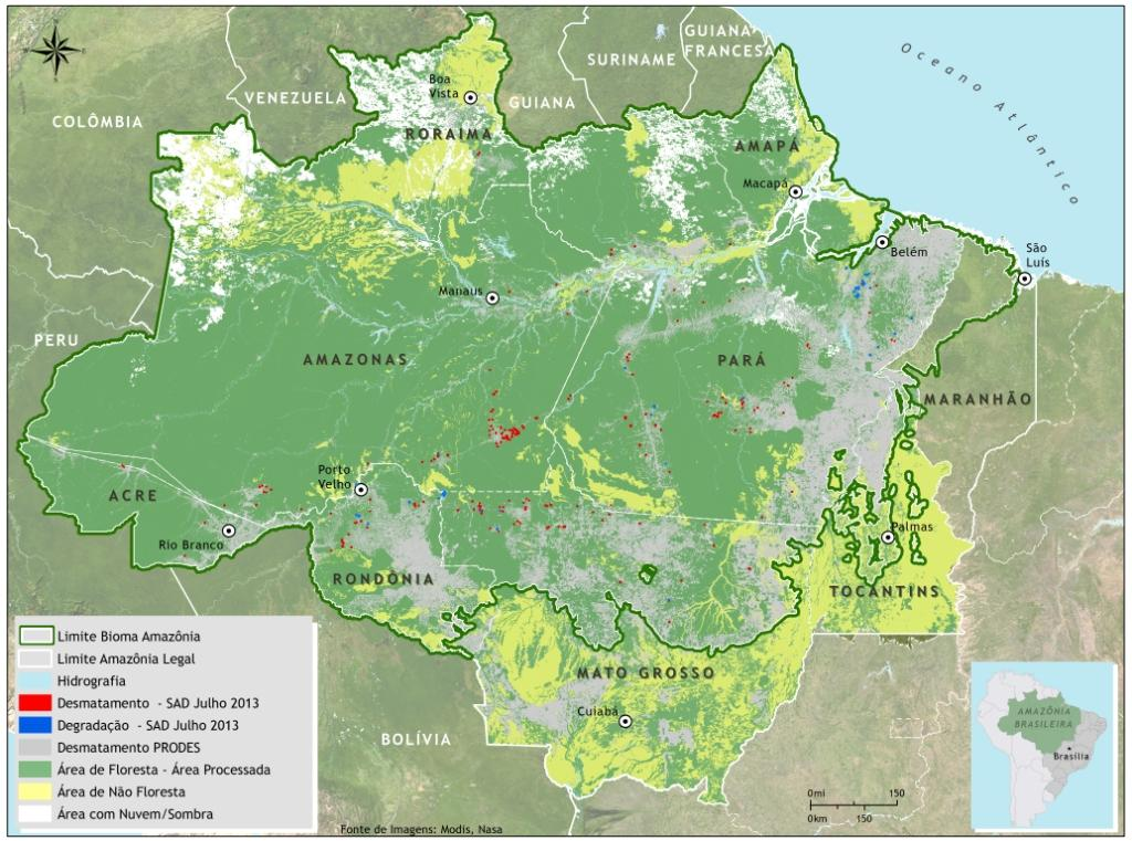 dificultou a detecção do desmatamento e da degradação florestal. Os Estados com maior cobertura de nuvem foram Roraima (44%), Amapá (20%) e Pará (8%).