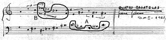 Fig. 6: Relação das notas da série com os acordes iniciais Esta correlação, à primeira vista, insurge quase como uma escolha aleatória dos sons da série sem nenhum indício significativo de um