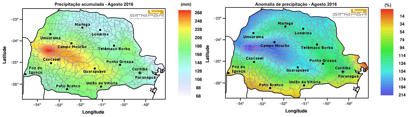 estações de Palmas e General Carneiro registraram temperaturas de 2,3 ºC. Nesse mês a distribuição das chuvas foi inversa à do mês anterior (Fig. 2 a e Fig.