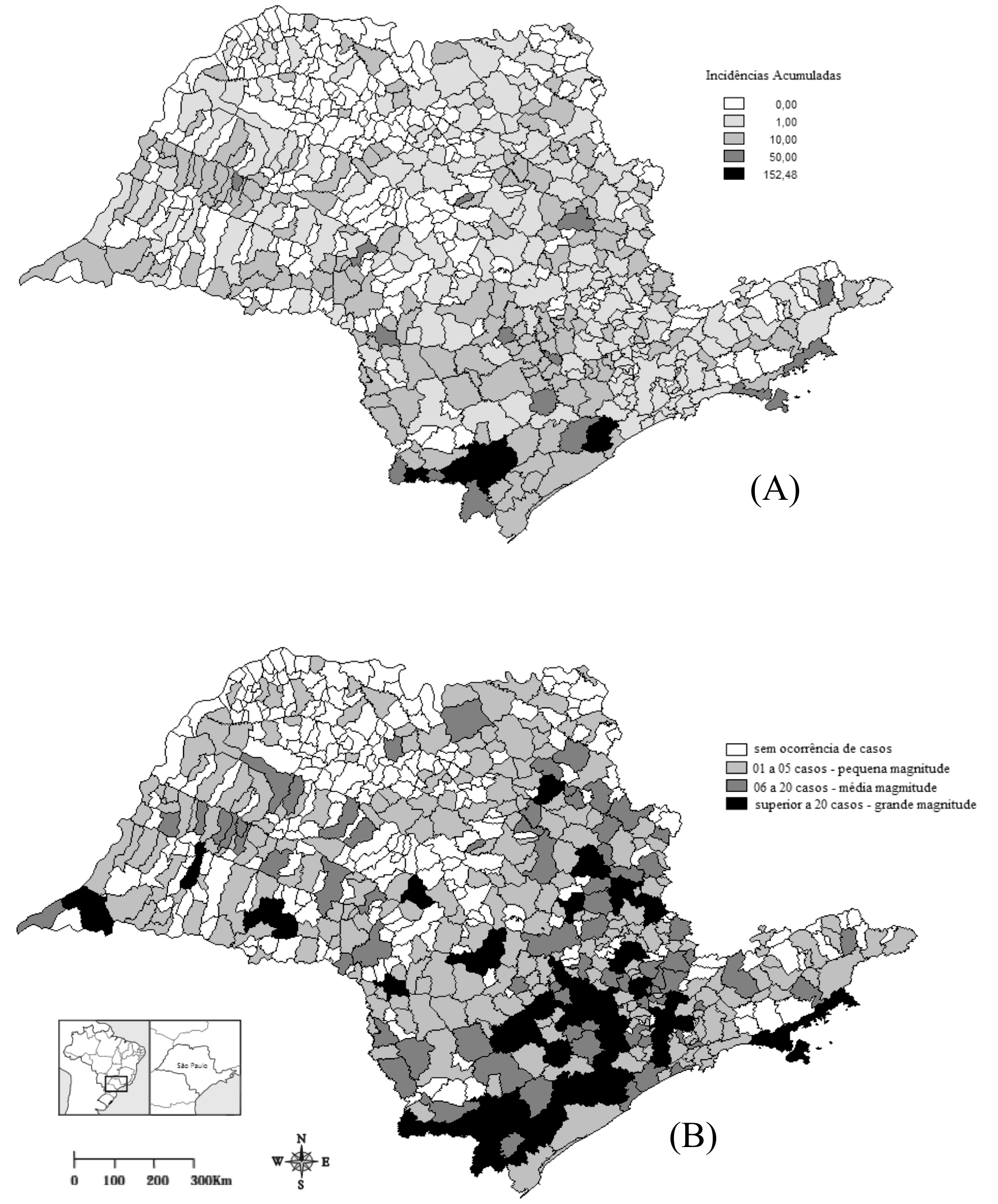 Figura 2 Leishmaniose Tegumentar Americana no Estado de São Paulo: (A) Incidência acumulada, 1998 a 2008; (B) Distribuição dos casos autóctones segundo magnitude, 1998 a 2008.