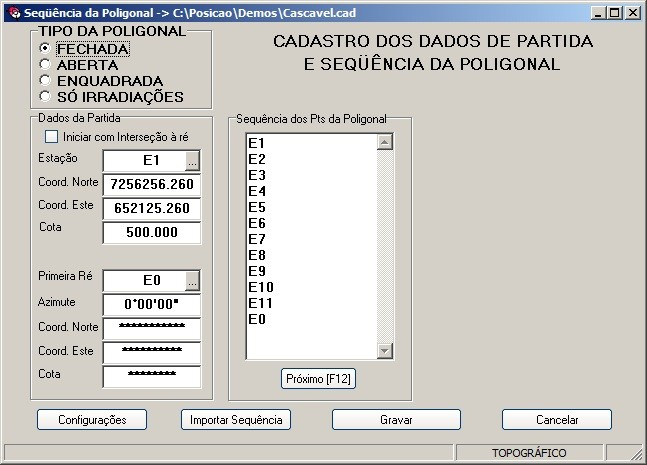 Ao inserir as coordenadas de partida, será habilitado o cálculo da poligonal.