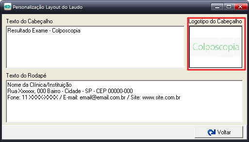 Personalização Tela 2 3- Personalize o logotipo do cabeçalho do Laudo: 3.