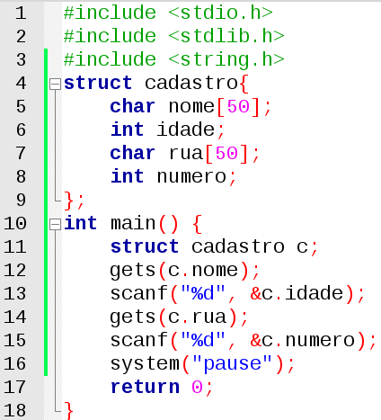 Acesso aos campos da estrutura:. Exemplo: Comandos de leitura para os campos 13 Inicialização de estruturas Similar ao visto para arrays Ex.: struct cadastro c = { Carlos, 18, Av.