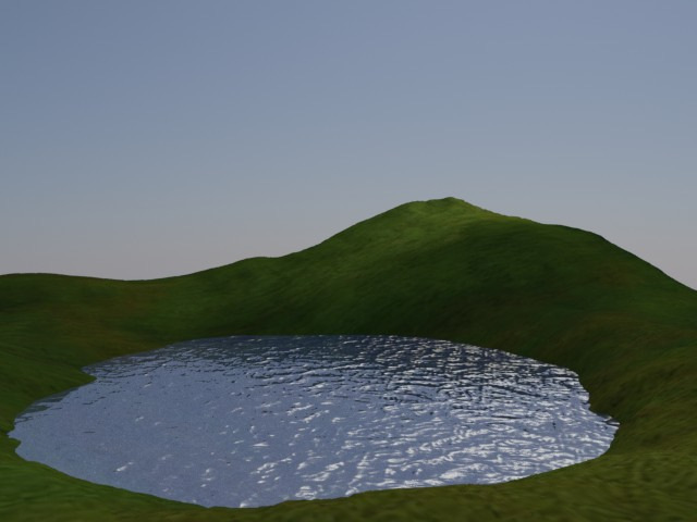 51 Renderize. (Mudando a posição da luz o caustics muda também e respeita sombras) 10.7. MATERIAL PARA ÁGUA EM UM LAGO Também é possível criar um efeito de água refletindo usando mapas, sem caustics.