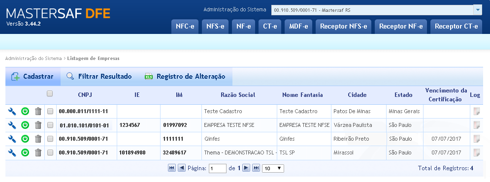 EMPRESAS Através do botão Empresas são acessadas a Listagem e os Cadastros de Empresas.