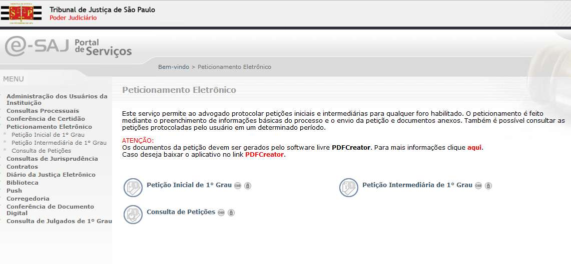 TJ/SP 1. Seção ADVOGADO - Peticionamento Eletrônico > Peticione eletronicamente Simulação http://www.tjsp.jus.