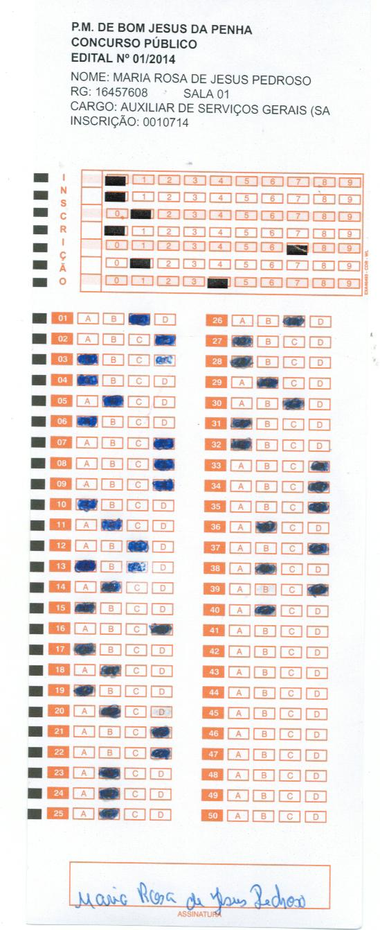 Encaminhamos a cópia da folha de respostas da candidata, documento válido para