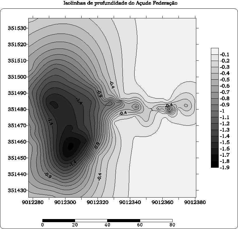 . Figura 2. Modelo digital do açude Figura 3. Isolinhas de profundidade do Açude Federação. As medidas batimétricas foram obtidas em junho de 2007.