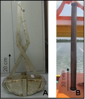 Figura 05 - Amostrador van-veen utilizado para a coleta de sedimentos de fundo (A) e testemunho raso coletado no Canal do Paraguaçu (B).