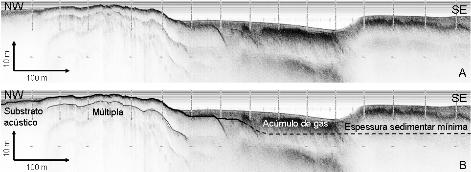 presença de gás no sedimento. A espessura sedimentar mínima encontrada em parte deste perfil é de cerca de 10 metros. Figura 09 Perfil 34n. Perfil não interpretado (A) e perfil interpretado (B).