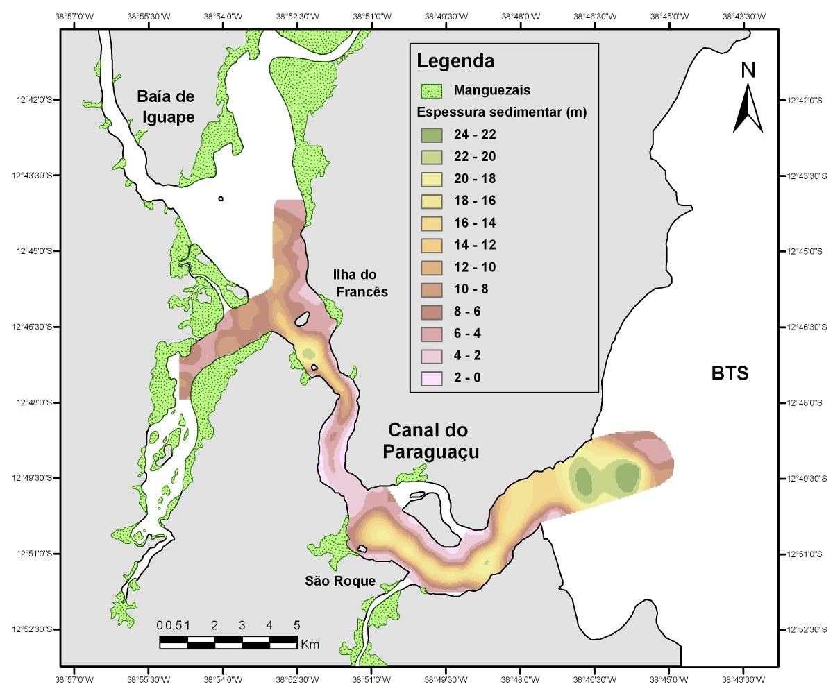 5.1.3 ESPESSURA SEDIMENTAR MAPA DE ISÓPACAS A Figura 13 apresenta a espessura sedimentar mínima estimada para os sedimentos holocênicos depositados no Canal do Paraguaçu e áreas vizinhas, obtida a