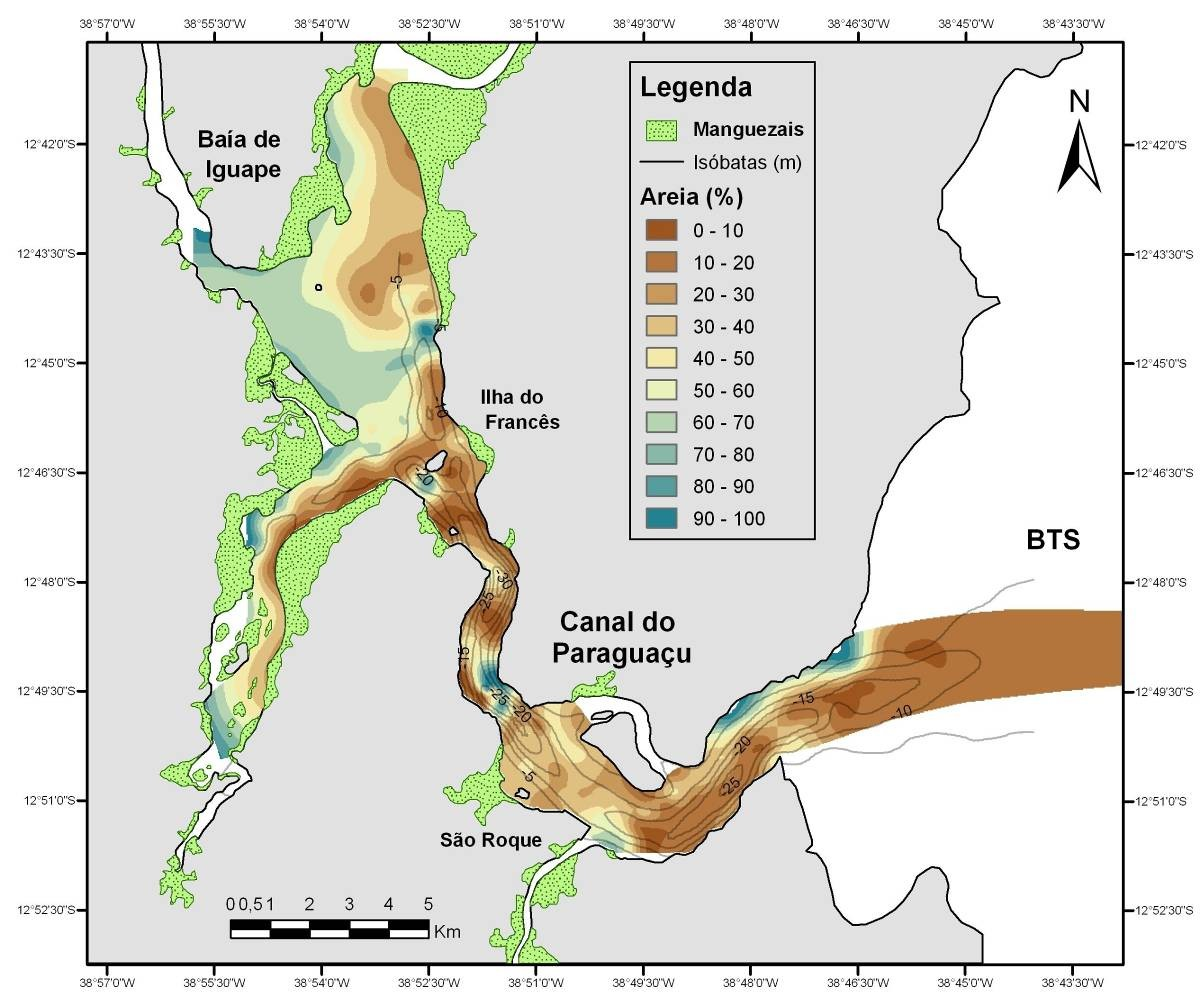 5.2.2 TEOR DE AREIA O teor de areia dos sedimentos superficiais do fundo do Canal do Paraguaçu e da Baía de Iguape é apresentado na Figura 16.