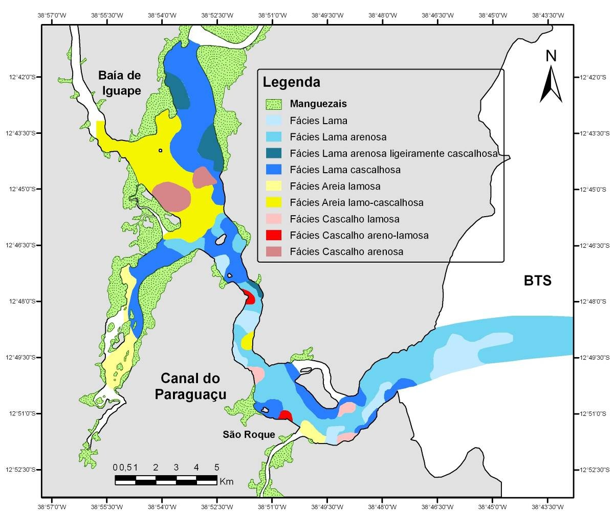 5.2.7 FÁCIES SEDIMENTARES A Figura 22 apresenta o padrão de distribuição das fácies sedimentares texturais ao longo do Canal do Paraguaçu e vizinhanças, baseado no esquema de classificação proposto