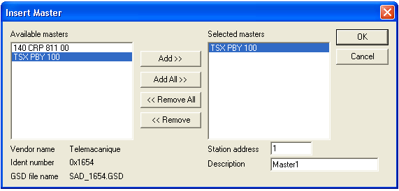 SyCon TeSys T: Configuração do Mestre e Escravo 3 Selecione o Mestre da rede - Clique em Insert - Selecione Master e clique em Premium - Clique em Add e