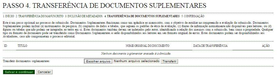 3) Submeter a proposta de IC Passo 4. Transferência de Documentos Suplementares Neste passo você deve incluir a FICHA DE INSCRIÇÃO E TABELA DE PONTUAÇÃO DE CURRÍCULO LATTES (Anexo II) preenchida.