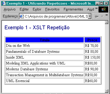 XSLT Repetição <xsl:template match="/"> <html> <title> Exemplo 1 - Utilizando Repetições </title> <body> <p><font color="#000080" face="arial" size="5">exemplo 1 - XSLT Repetição</font></p> <table