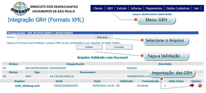 Essa é a tela transmissão de arquivo GRH XML, seleciona-se o arquivo e clique no botão validar. Se houver inconsistências serão mostradas abaixo.