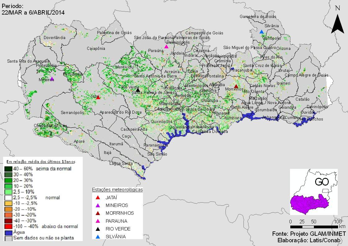 No mapa, a quantidade de áreas em cores, amarelo, laranja e marrom supera as que estão em verde, indicando que o padrão das lavouras está abaixo da média histórica.