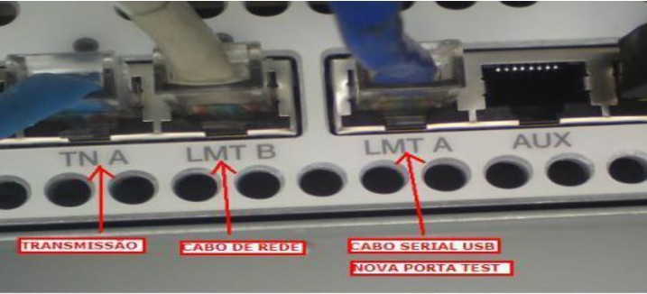 Para Acessarmos a enode-b utilizaremos um cabo Cross na porta LMT B e para formatar utilizaremos a porta LMT A com o