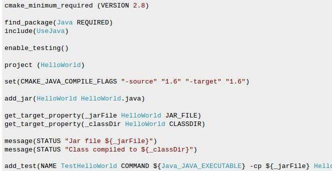 5.2.1.1 Exemplos Figure 5.1: Exemplo de código CMake O código compila o cheiro HelloWorld.java num cheiro HelloWord.jar e executa o.jar usando o JVM.
