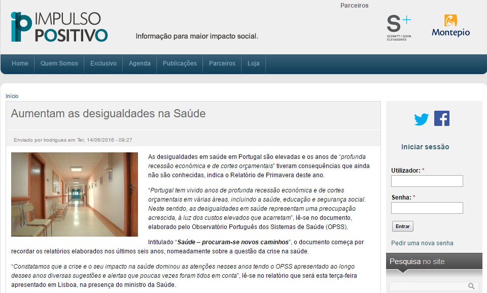 Aumentam as desigualdades na Saúde 14-06-2016 As desigualdades em saúde em Portugal são elevadas e os anos de profunda recessão económica e de cortes orçamentais tiveram consequências que ainda não