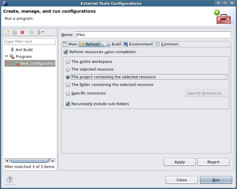 2.4. JFLEX 2-3 Figura 2.2: Aba Main da configuração do JFlex no Eclipse. Coloque o caminho para o arquivo de execução do JFlex no campo Location. No exemplo do Windows o caminho é C:\jflex-1.4.3\bin\jflex.