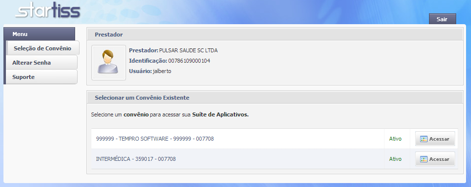 6 Figura 2 Tela principal do Portal StarTISS 5.1. Botão Seleção de Convênio Clicando no botão, o usuário poderá selecionar uma operadora conveniada.