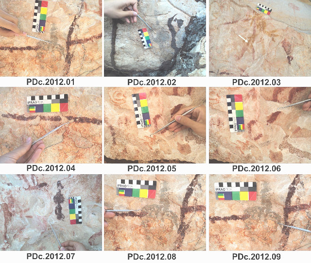 Figura 4. Indicação dos pontos em que foram coletadas microamostras para a caracterização químico-mineralógica das tintas das pinturas rupestres da Pedra do Dicionário.